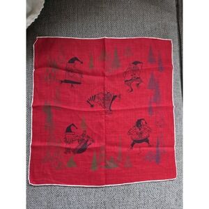 MCM Scandinavian Christmas Cocktail Napkin Handkerchief Red Linen, Nisser Elves